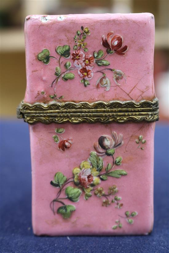 Two tortoiseshell etuis, a tortoiseshell case, a 19th century walnut snuff box and and enamel porcelain etui